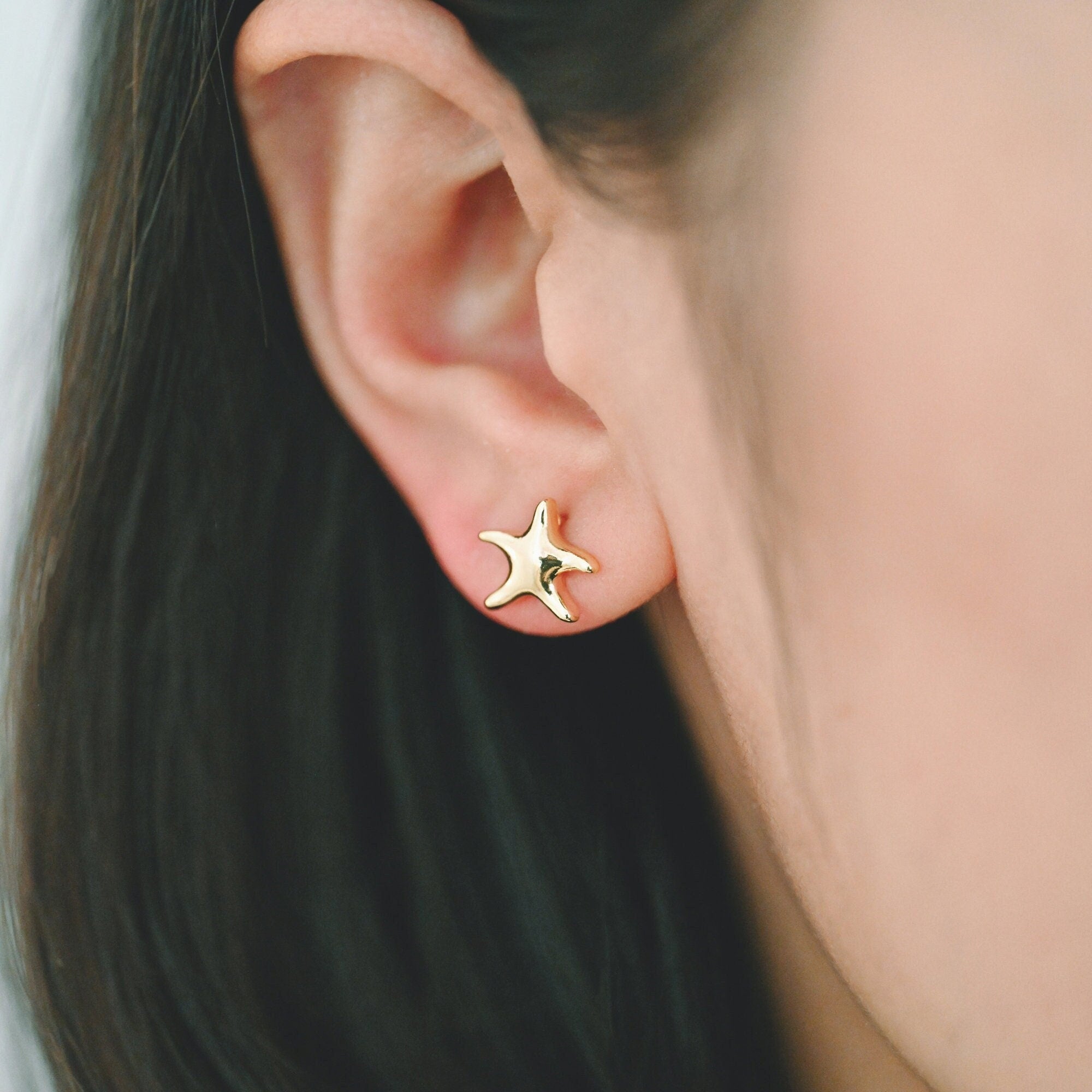10pcs Gold Starfish Ear Post, Real Gold Plated Brass Star Stud Earrings (#GB-3718)